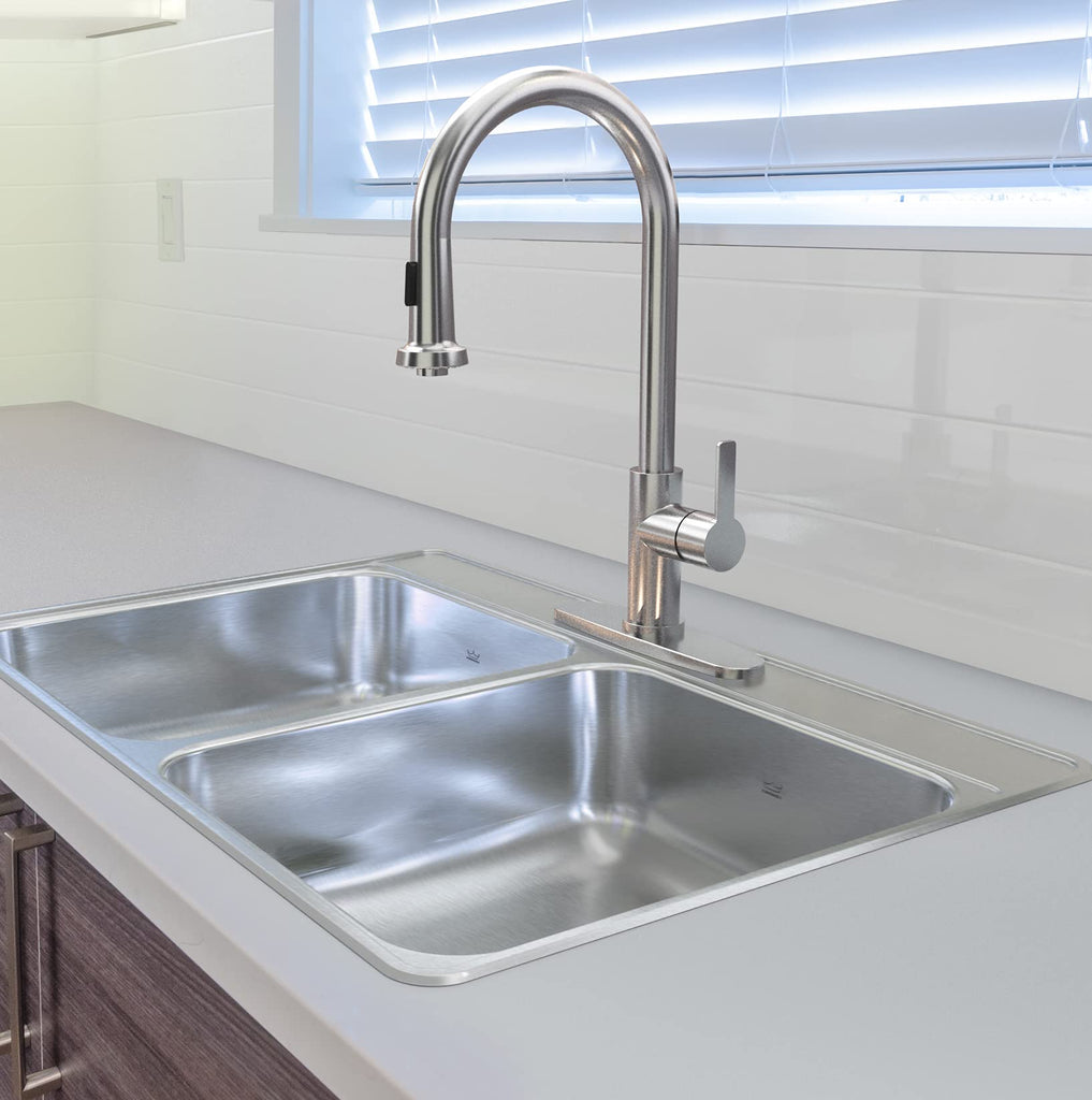 Creemore 33-in LR x 22-in FB x 6-in DP Drop In Double Bowl 1-Hole Stainless Steel Sink