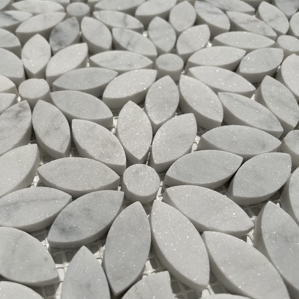 Carrara White Marble Daisy Flower Pattern Mosaic Tile Honed Kitchen Bath Wall Floor Backsplash Shower (1 Sheet)