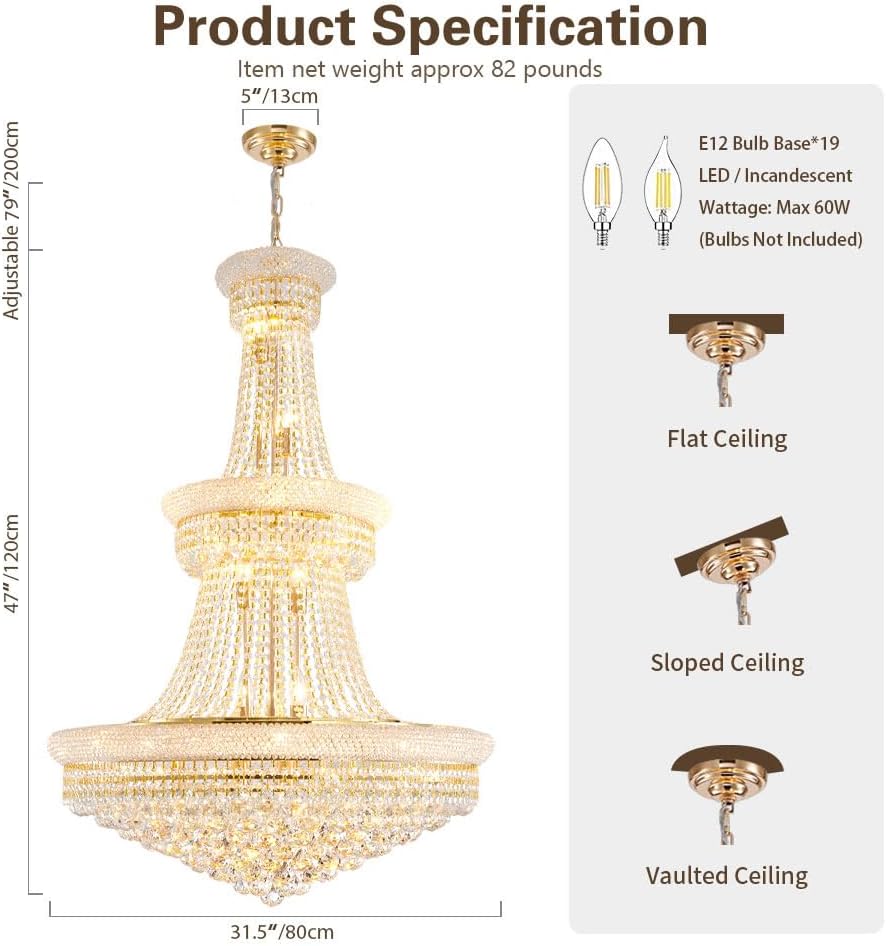 Large Gold Crystal Chandelier Light - Diameter 31.5", 3 Layers Ceiling Haning Chandeliers, Pendant Lighting for Living Room, Dining Room, Foyer A108-B0C61M9HYF