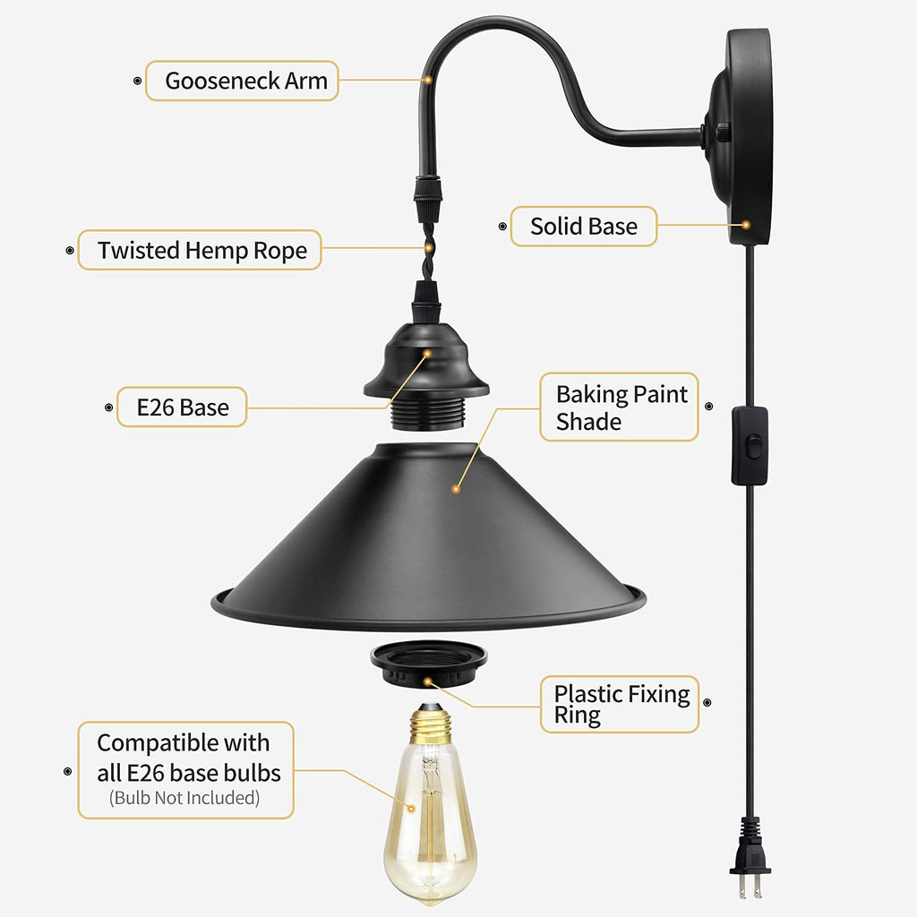 Plug in Wall Sconces, Vintage Plug in Wall Lamp Set of 2 with On/Off Switch, Metal Black Industrial Wall Mounted