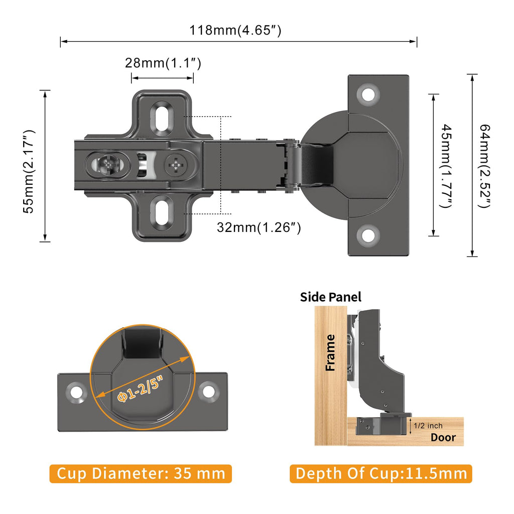 20 PCS Inset Soft Close Hinges, Clip ON Plate, 105 Degree, Silent Hydraulic, Self Closing, Black Frameless European