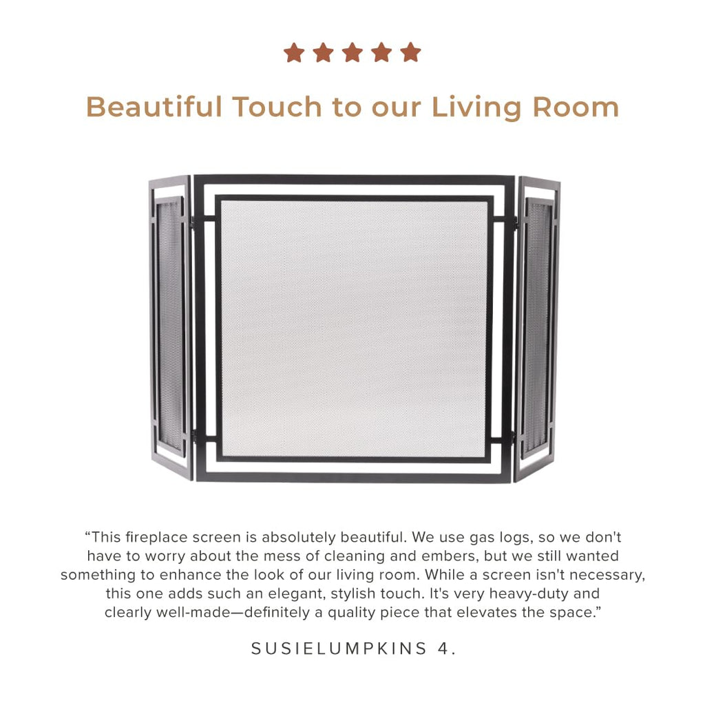 Gatsby 3-Panel Fireplace Screen in Black | Folding Art Deco Design with Heavy-Duty Steel Frame & Heat-Resistant Mesh