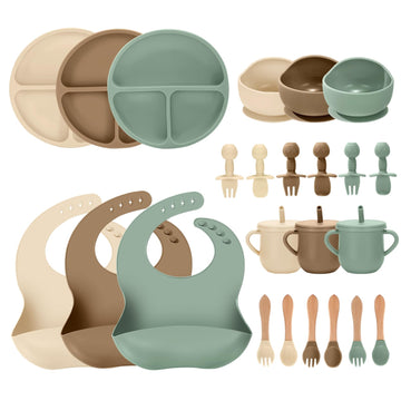 24 PCS Silicone Baby Feeding Set, Baby Led Weaning Supplies Includes Suction Bowls and Divided Plates, Adjustable
