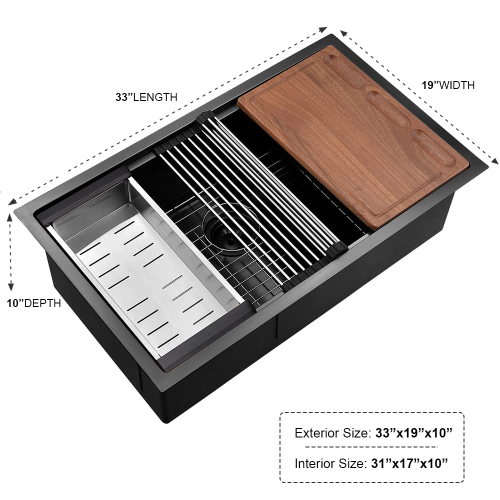 33x19 Black Stainless Steel Undermount Workstation