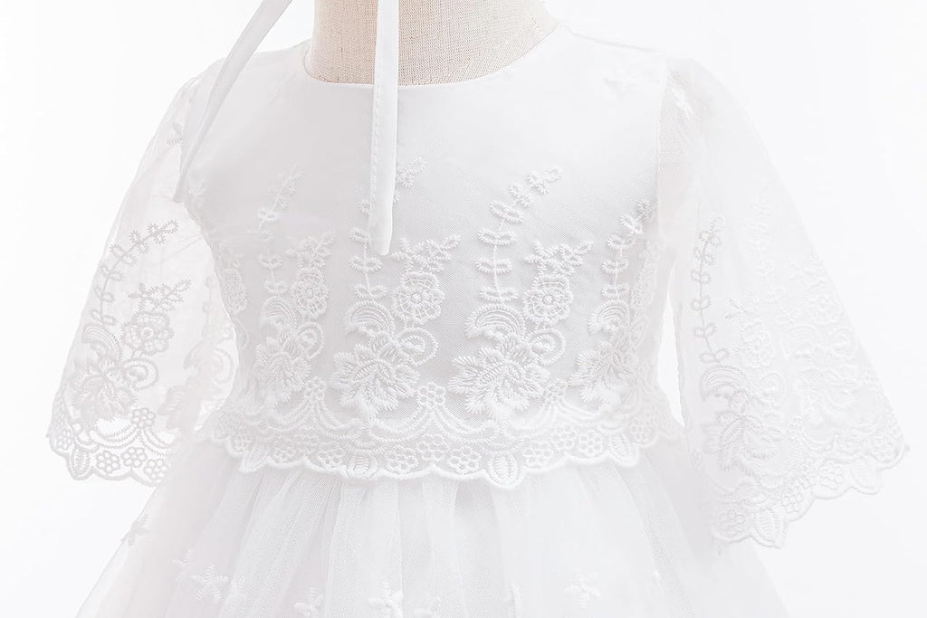 Baby Girls Baptism Christening Dress Infant Toddler Floral Lace Gown With Bonnet