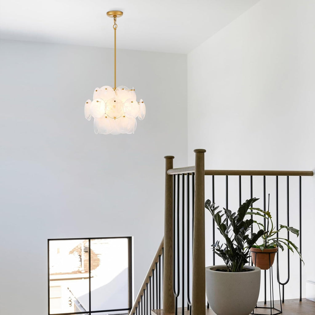 Dia 15.75 Inches Modern Glass Chandelier for Foyer, Gold Dining Room Light Fixture, Large Vintage Pendant Chandelier