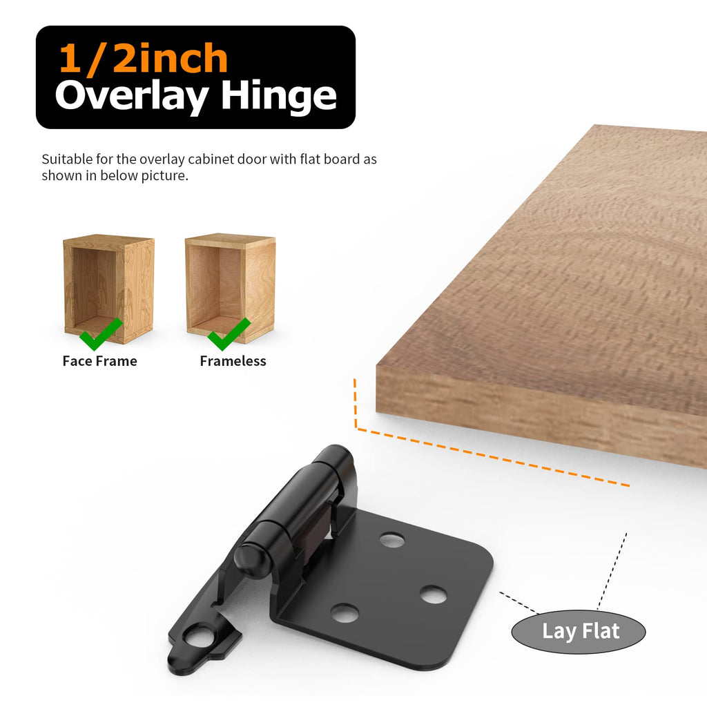 1/2" Overlay Cabinet Hinges, 6 Pack Self Closing Flush Mount Hinges with Door Bumper, Variable Decorative Hardware