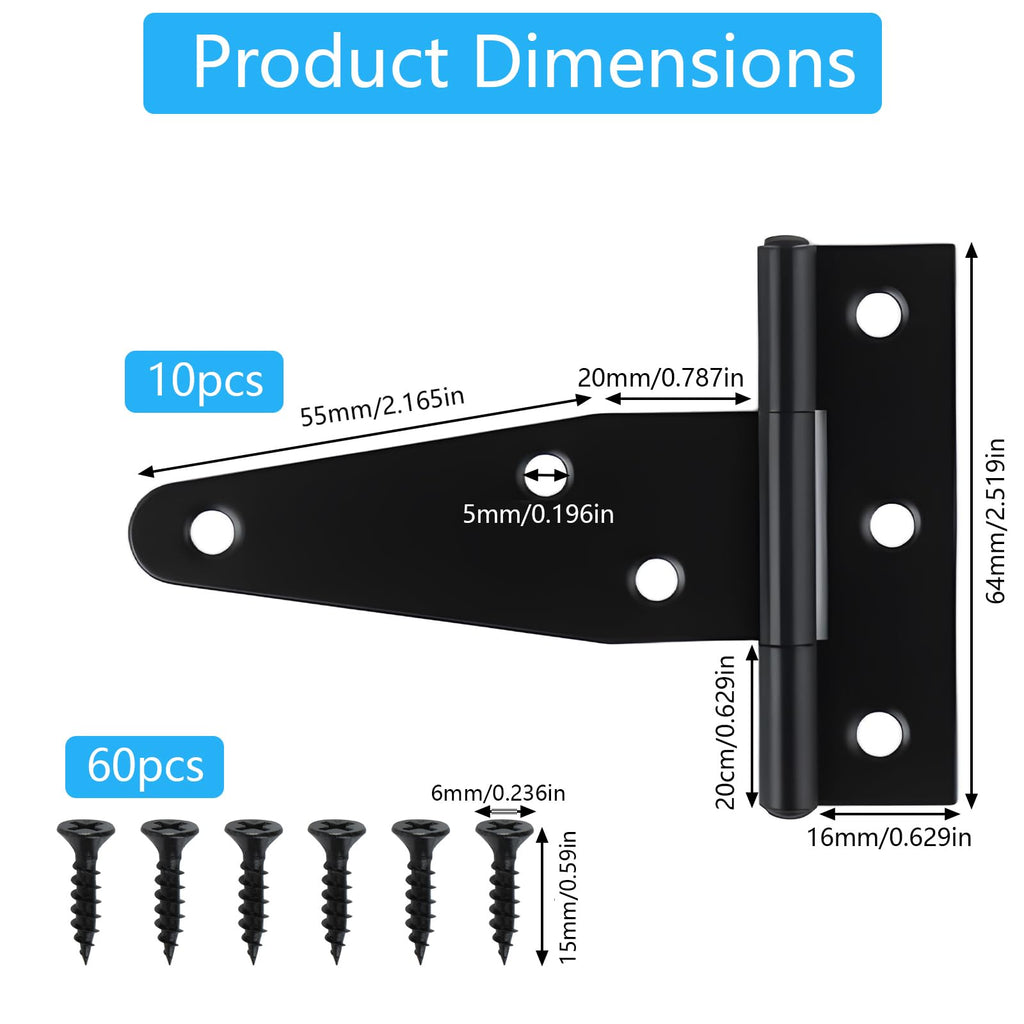 10 Pcs T Strap Hinges Heavy Duty, 3 Inch, Black