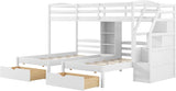 Wood Triple Bunk Bed with Storage Stairs and Drawers Twin Over Twin Over Twin Wooden Bunk Bed with Storage for 3 Kids