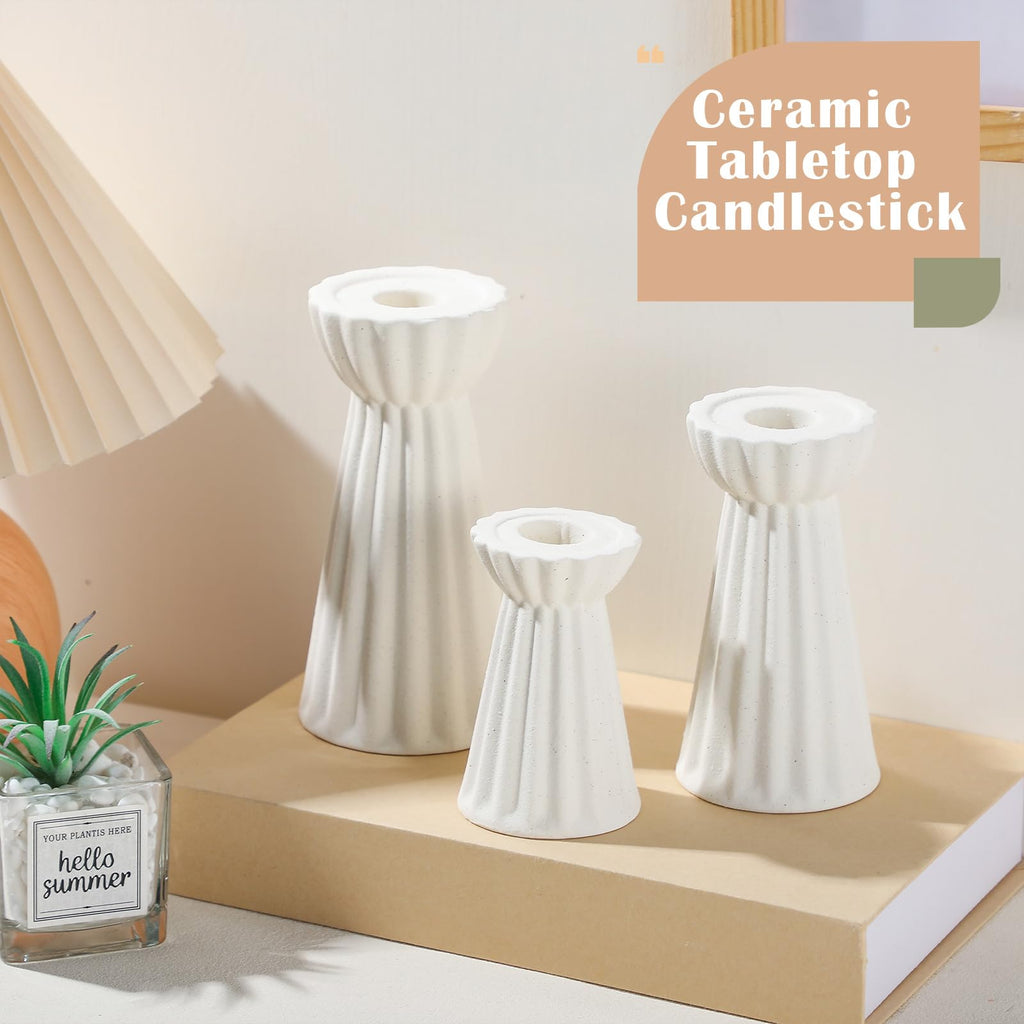 Set of 3 Ceramic Taper Candle Holder Cream White, Matte Fluted