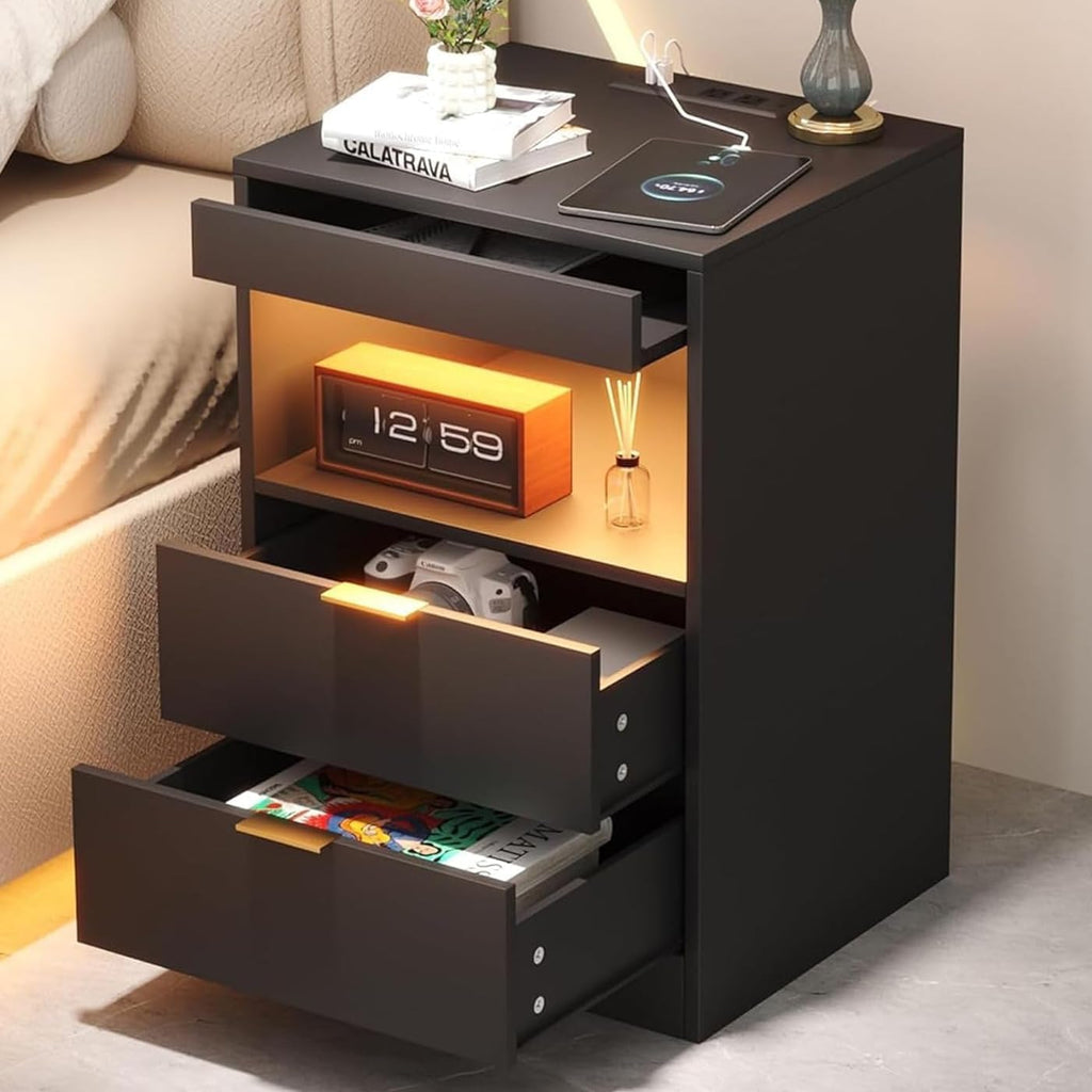 Night Stand, Black Nightstand, LED Nightstand with Charging Station, Modern Night Stand, Bedside Table, Wood Sofa