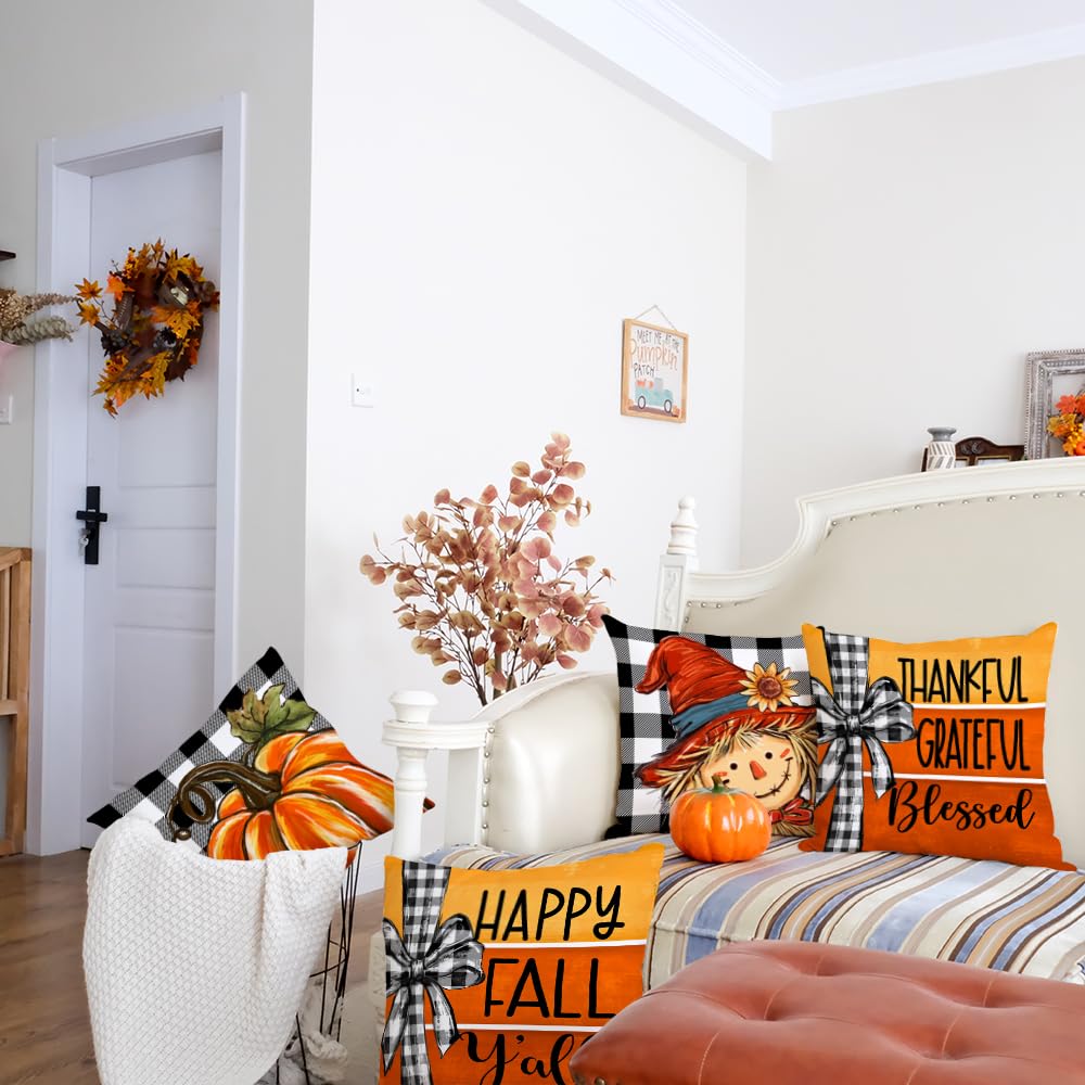 Fall Throw Pillow Covers 20x20 Inch Set of 4, Pumpkin Scarecrow Buffalo Plaid Orange Autumn Seasonal Decorative