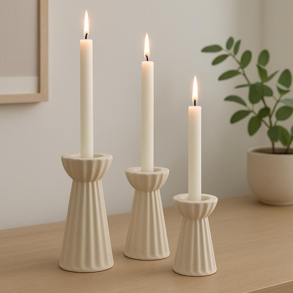 Set of 3 Ceramic Taper Candle Holder Cream White, Matte Fluted