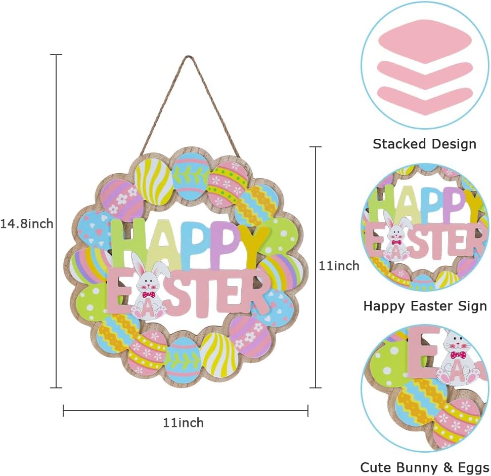 Easter Decorations, Wooden Bunny Eggs Wreaths for Front Door Sign, Happy Easter Wood Wall Signs Hanging Crafts Spring