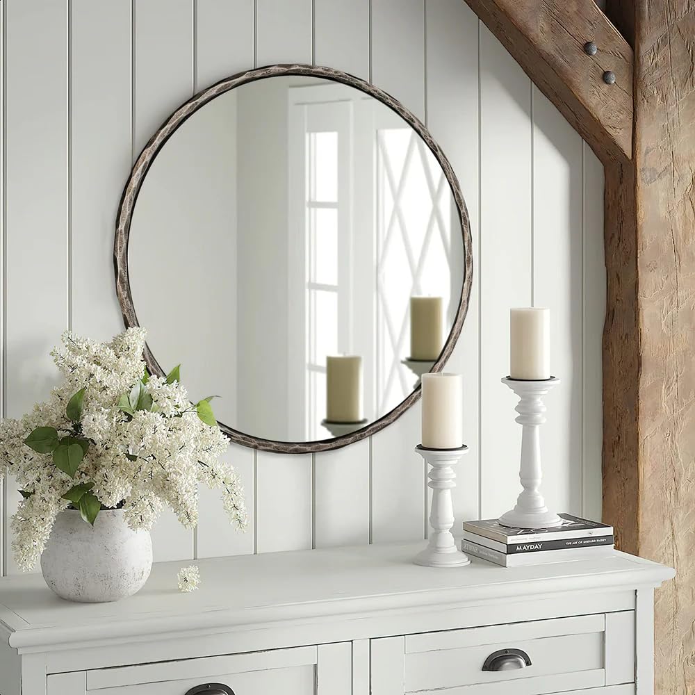 30 Inch Bathroom Hammered Round Mirrors, Silver Hand-Forged Circle Wall Mirrors with Metal Frame, Antique Round