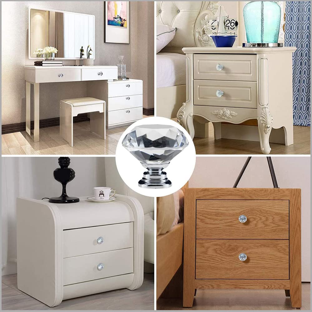 10 Pack Crystal Cabinet Knobs 30mm Diamond Glass Pulls Handles for Dresser Drawer and Kitchen, Bedroom Wardrobe Pulls