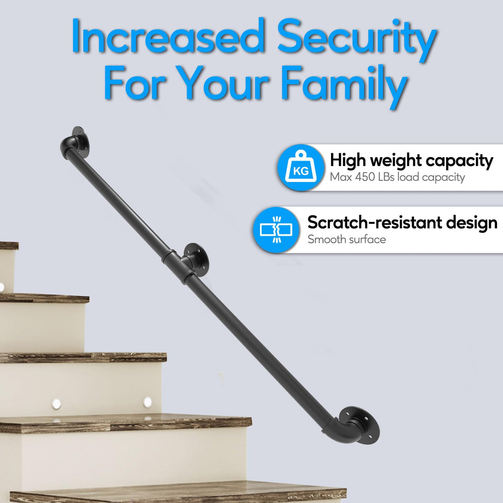 Pipe Stair Handrail, 8 Ft Metal Staircase Handrail, Black Galvanized Industrial Iron Hand Rail for Indoor & Outdoor