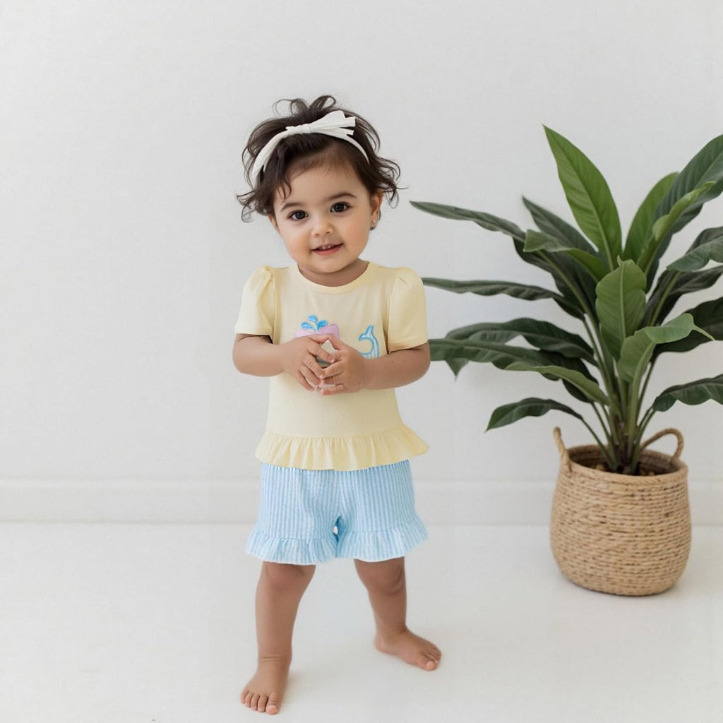 Baby Girl Clothes Bubble Sleeve Embroidery T-shirt Tops Ruffle Stripe Shorts 2Pcs Toddler Girl Summer Outfit