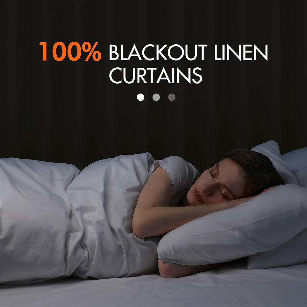 100% Blackout Curtains 96 Inch Long 2 Panels Set, Cream Thick Faux Linen Black Out Curtain Room Darkening Pleated