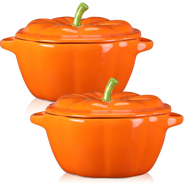 2 Pcs Ceramic Pumpkin Bowls with Lids, 13 oz Oven Safe Ramekins