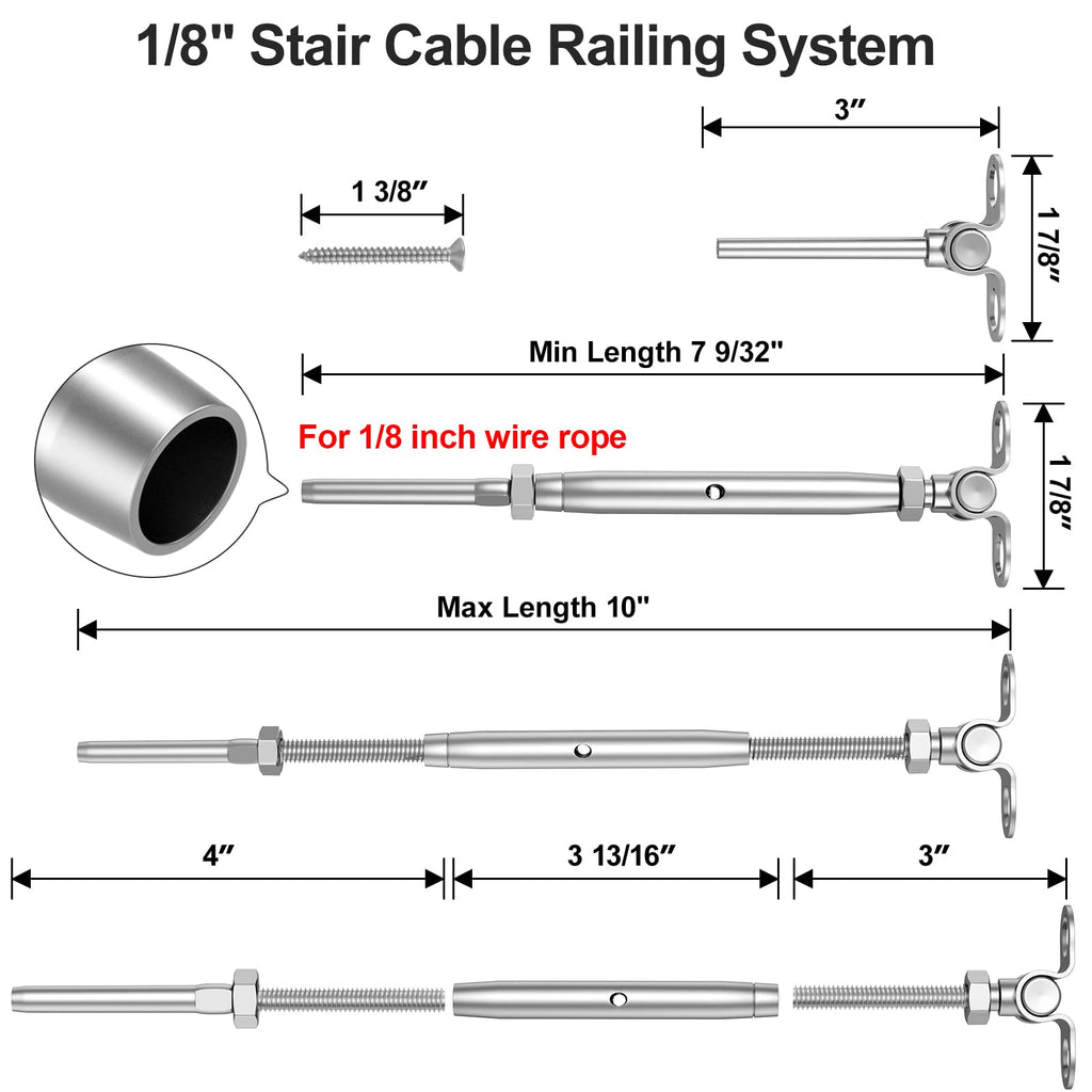 15 Pairs 1/8" Cable Railing Kit Swage Toggle Turnbuckle Hardware