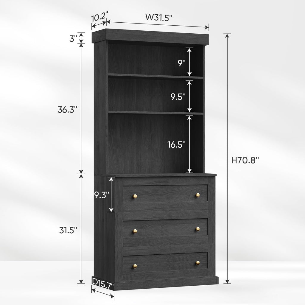 71" Farmhouse Kitchen Pantry Cabinet Set of 2 with Drawers, Black Freestanding Coffee Bar Hutch with Microwave Stand