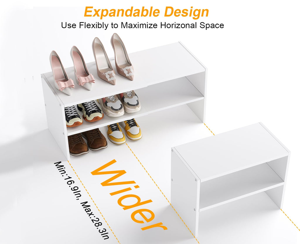 2 Pack White Shoe Rack for Closet, 2-Tier Expandable Small Shoe Shelf, Stackable Iron Wood Combination Shoe Organizer