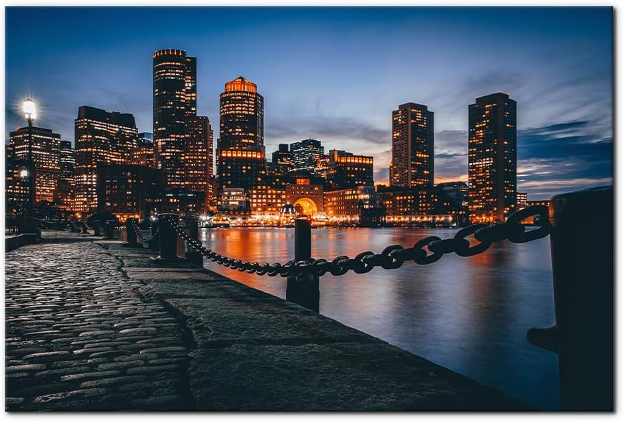 Boston Cityscape Canvas Wall Art Print Skyscrapers Harbor Skyline Painting Wall Decor Home Decoration Gallery Wrapped