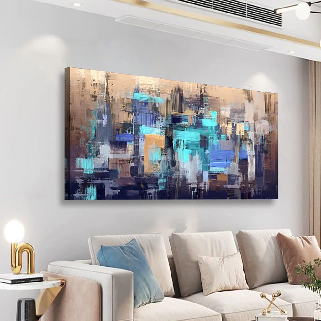 Abstract City Skyline Canvas Wall Art 40x20 Inches Framed Teal Blue Brown Cityscape Wall Decor Wood Frame Waterproof