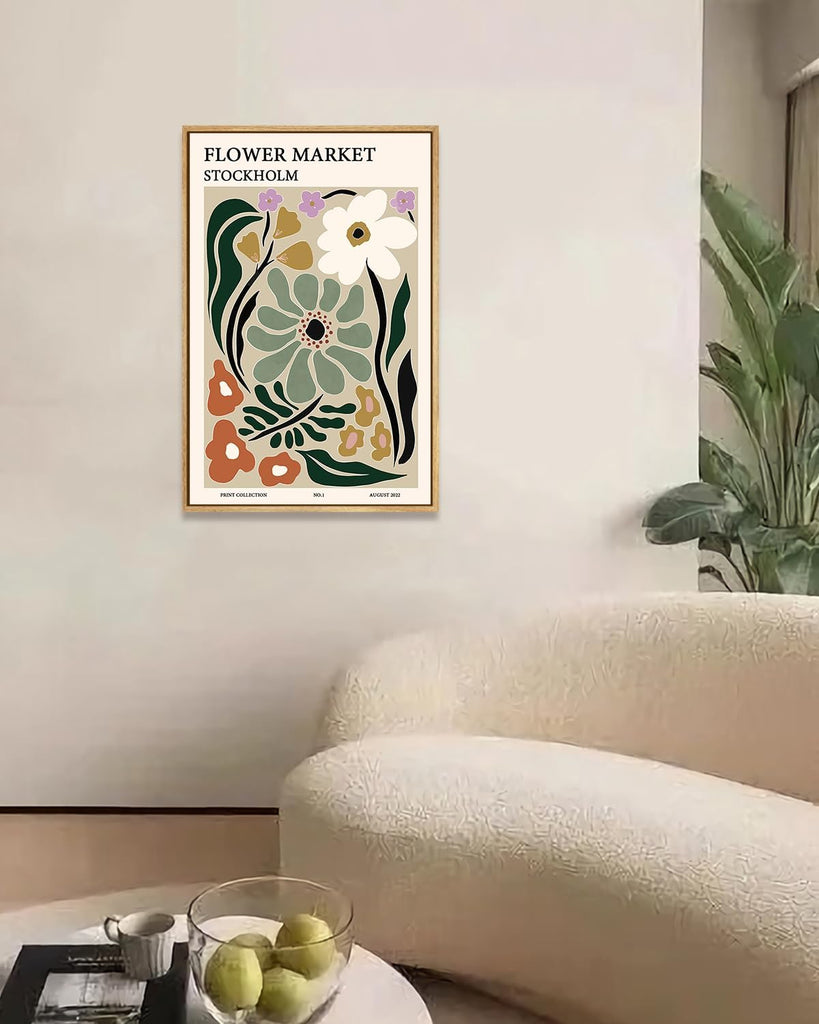 Framed Flower Market Wall Art,Green Vintage Botanical Canvas Wall Decor Paintings,Boho Floral Posters Prints Pictures