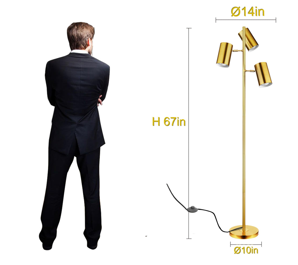 Tree Floor Lamp with 3 Light Bulbs, Gold Standing Tall Pole Lamp with 3 Adjustable Rotating Lights, Farmhouse Floor