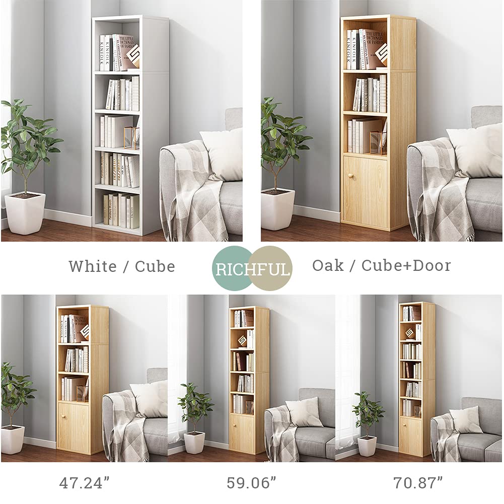 Narrow Corner Bookcase with Door - Oak 47" Tall Gap Storage Cabinet
