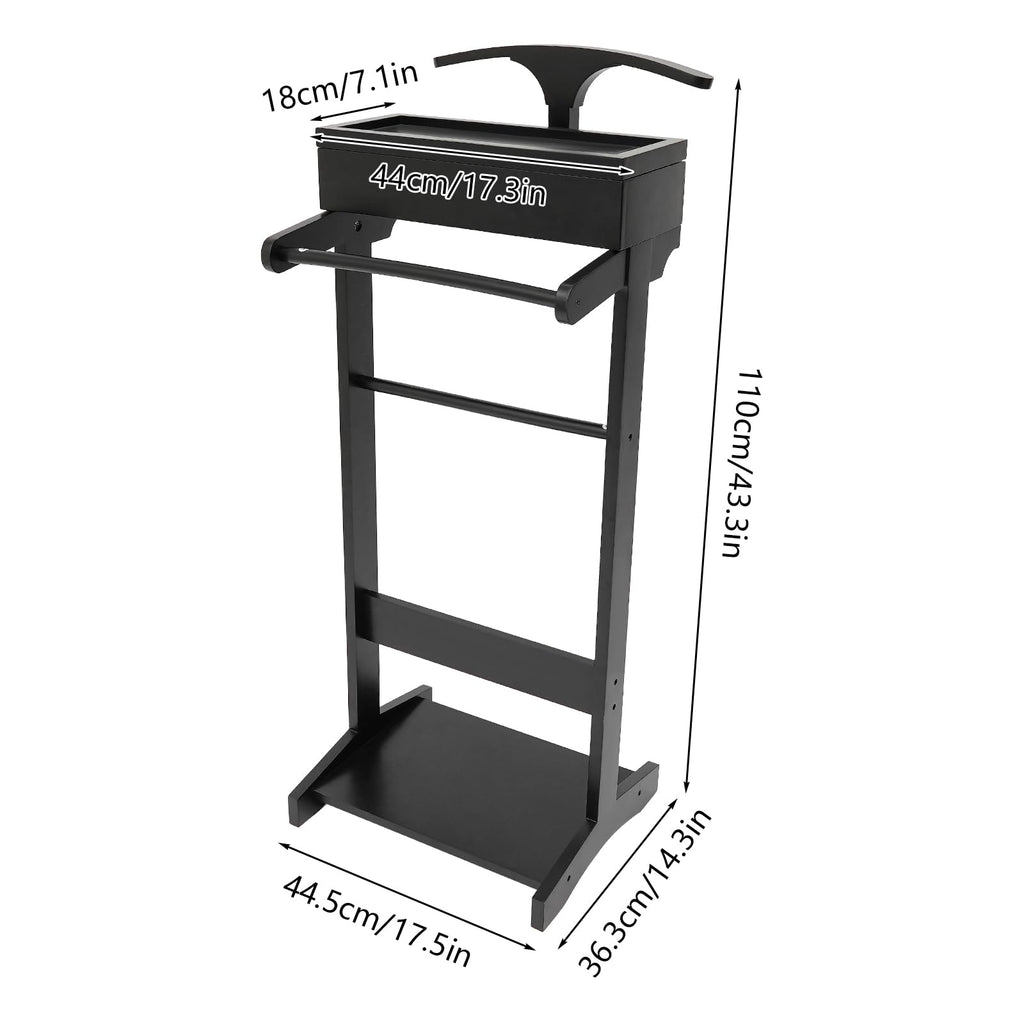 Wood Men Valet Stand Multifunction Clothes Valet Floorstanding Suit Stand Rack with Drawer & Shoe Rack Use (Black)