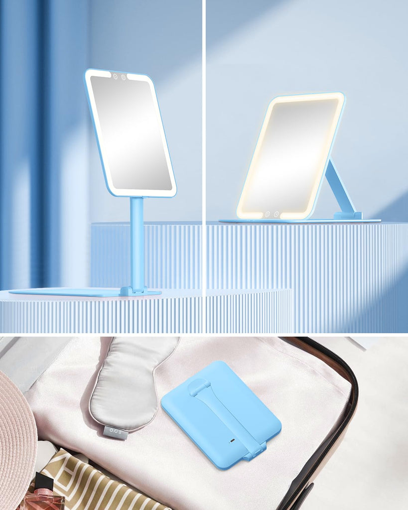 Travel Makeup Mirror with 3 Lights and Magnification 10X, Blue
