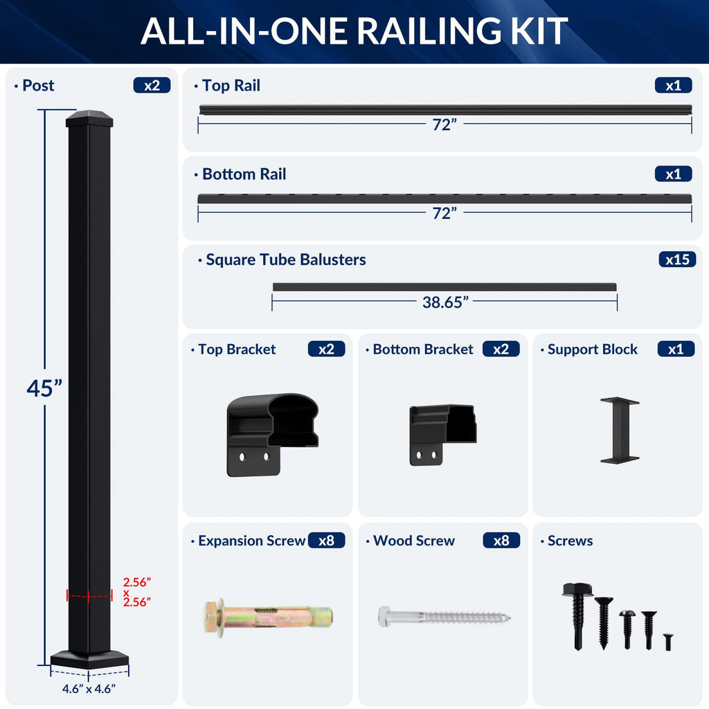 42 in x 6 ft Aluminum Porch and Deck Railing Kit with 2 Post