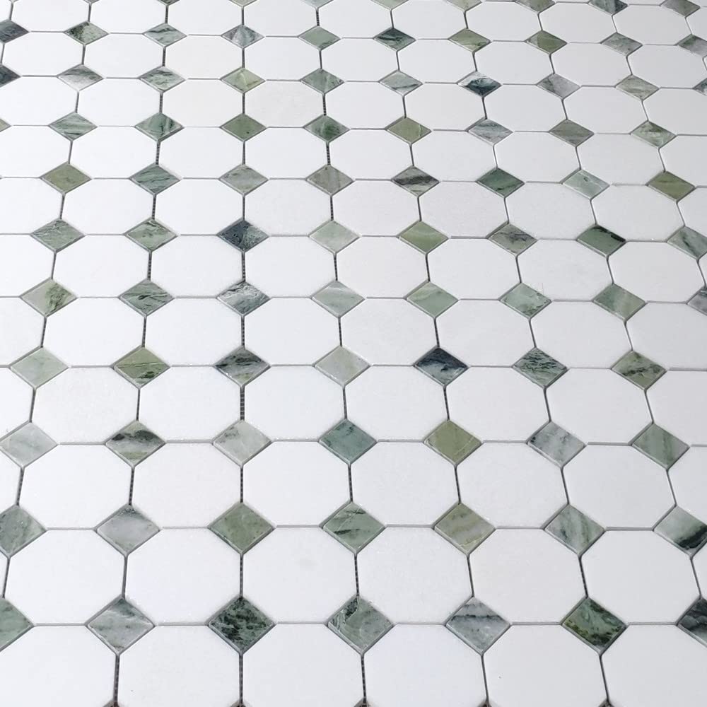 Thassos White Marble 3 inch Octagon Mosaic Tile w/Sagano Green Dots Honed Kitchen Bath Wall Floor Backsplash Shower