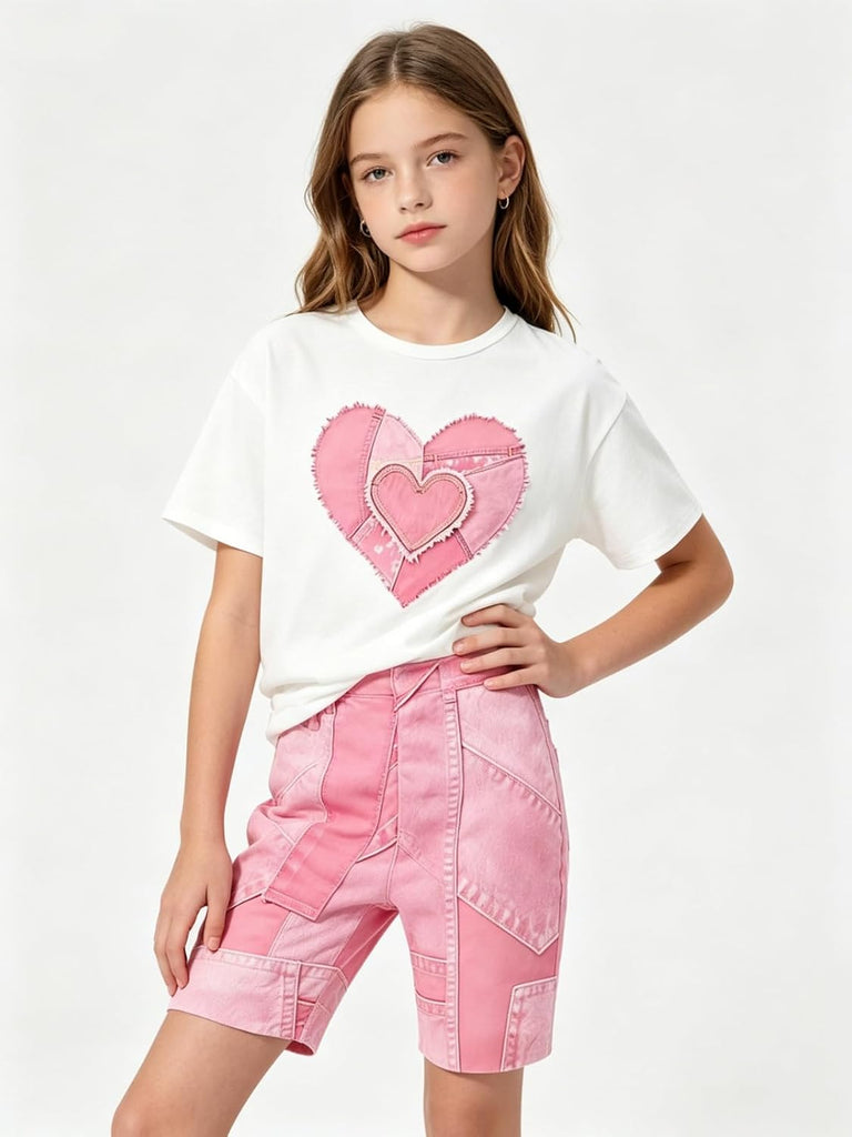 Girls 2 Piece Summer Heart Print Short Set Teen Girl Outfits Girls Clothing Set