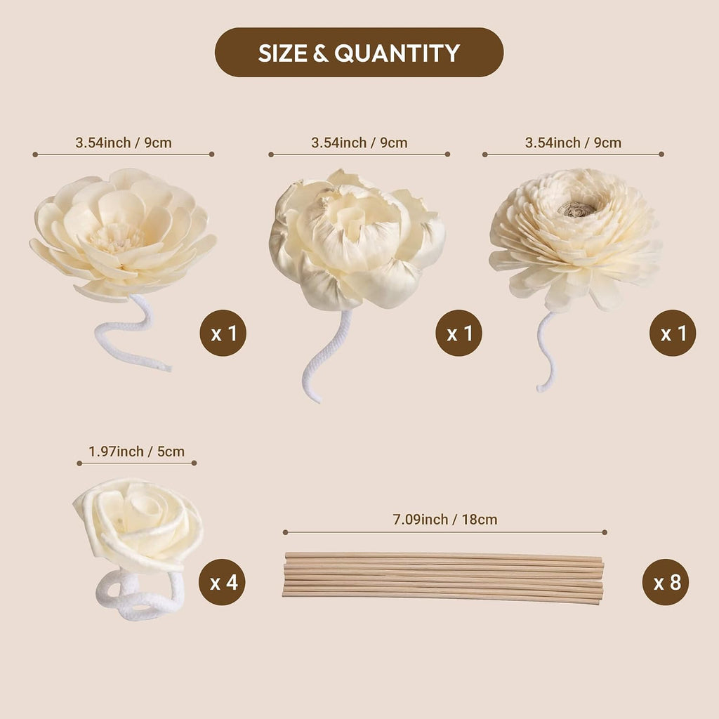 Flower Reed Diffuser Sticks Set, Assorted White Handmade Sola Wood Flowers Fragrance, Bathroom Aromatherapy & - Set of 7