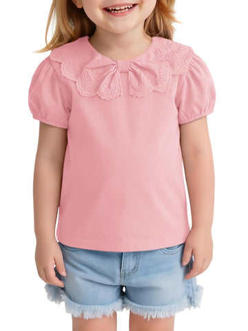 Toddler Girl Lace Peter Pan Collar T Shirts Baby Kids Cute Puff Short Sleeve Blouse Casual Tees Tops - Pink