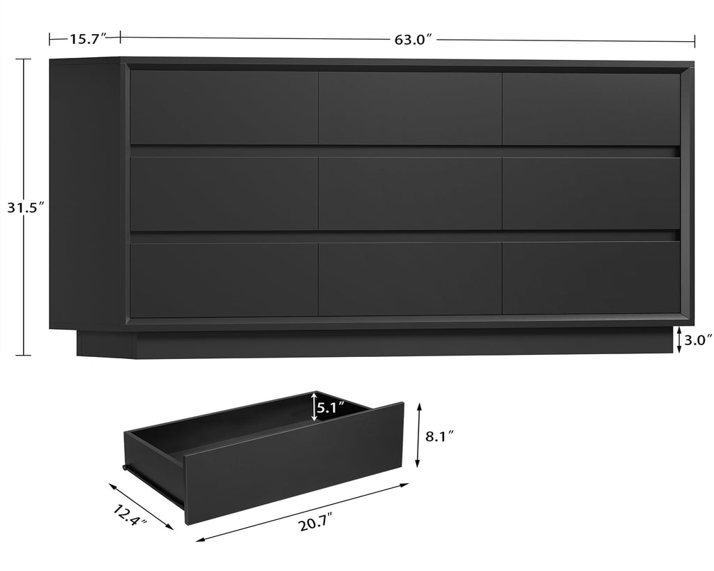 63" Dresser with 9 Drawers, Black Dresser with Metal Slide, Bedroom Dressers, Wood Dressers & Chests of Drawers