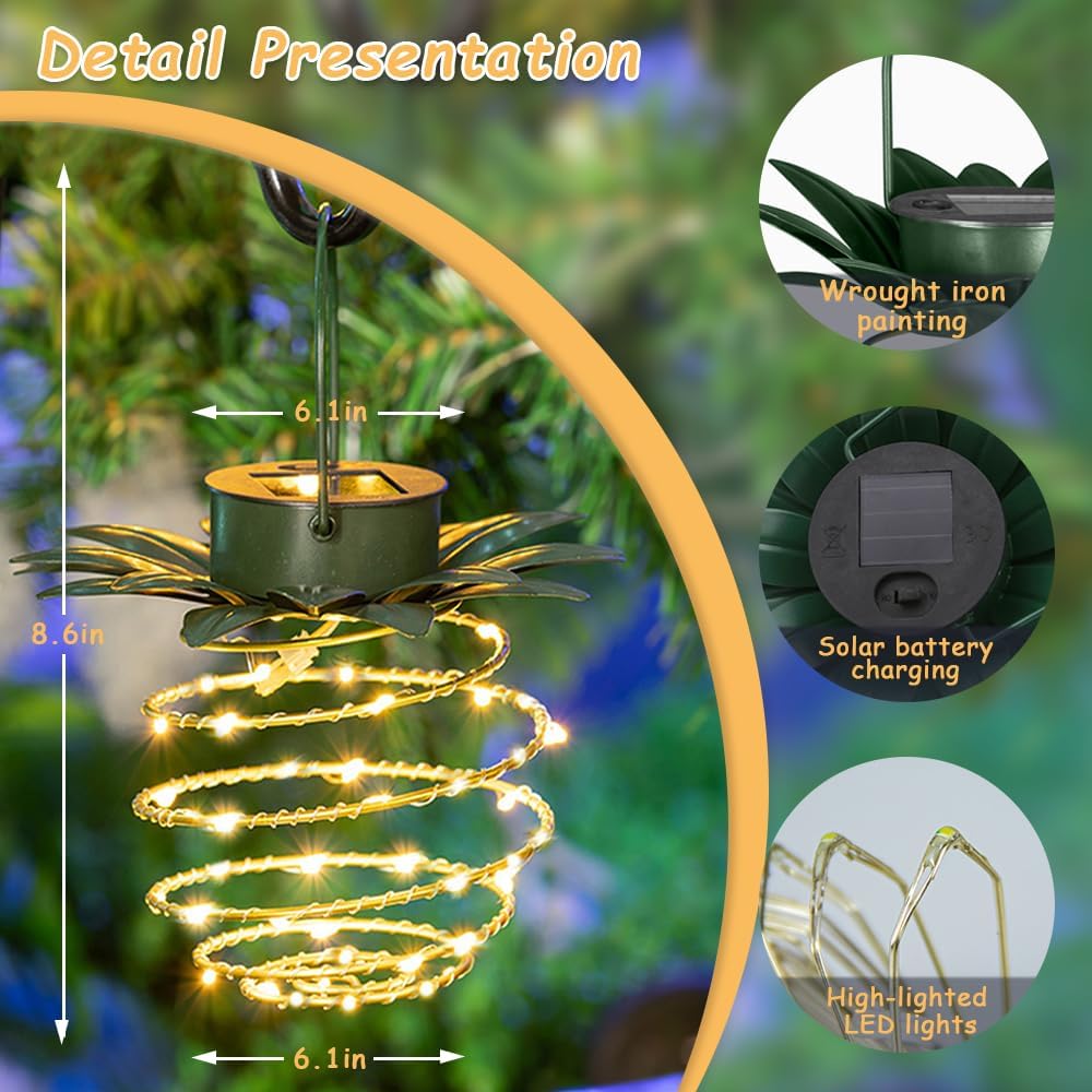 2 Pack Outdoor Solar Hanging Lantern Lights - 60LED Waterproof Solar Pineapple Light Outdoor for Garden, Yard Porch