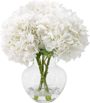 Hydrangea Artificial Flowers with Glass Vase, Real Touch FauxHydrangea Arrangement with Faux Water, Ready-to-Display