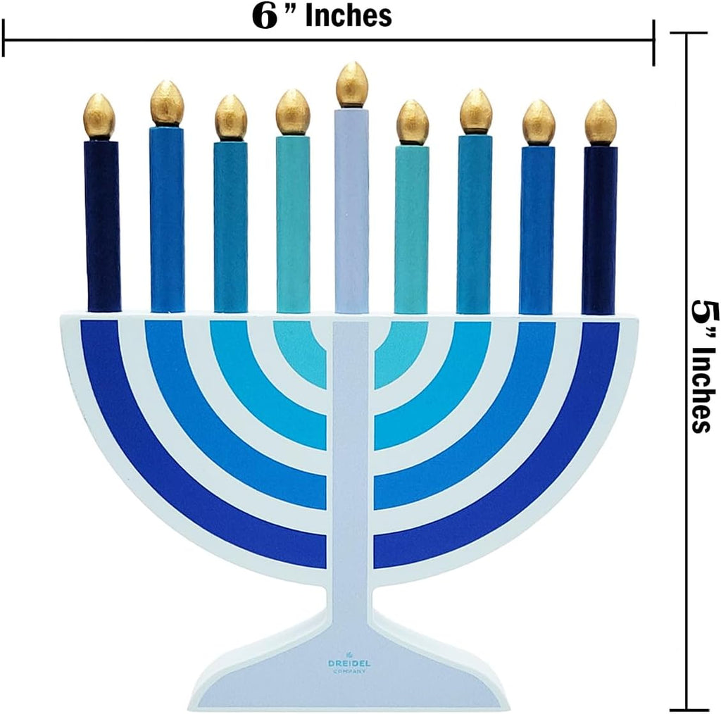 Mini Blue Hanukkah , 5" Inch Children Wooden Chanukah Set with Removable Wooden Candles, 3" Inch Dreidel, and Gelt