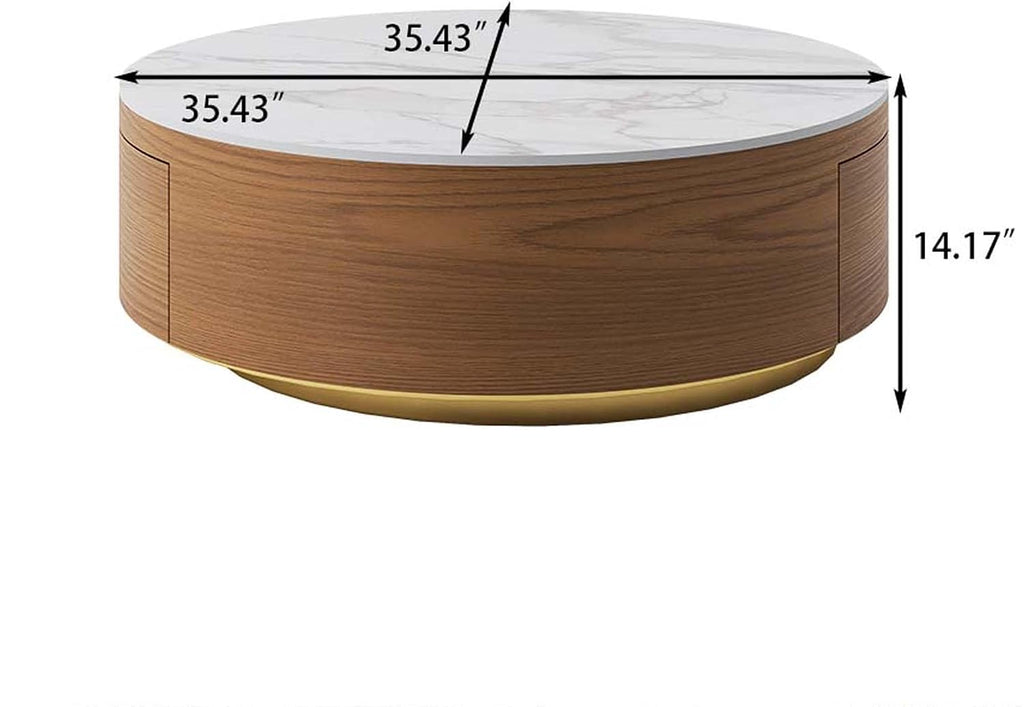 35.43" Modern Round Coffee Table with Storage,Sintered Stone Top Drum Coffee Table with Drawers,Oak Veneer,Circle Coff