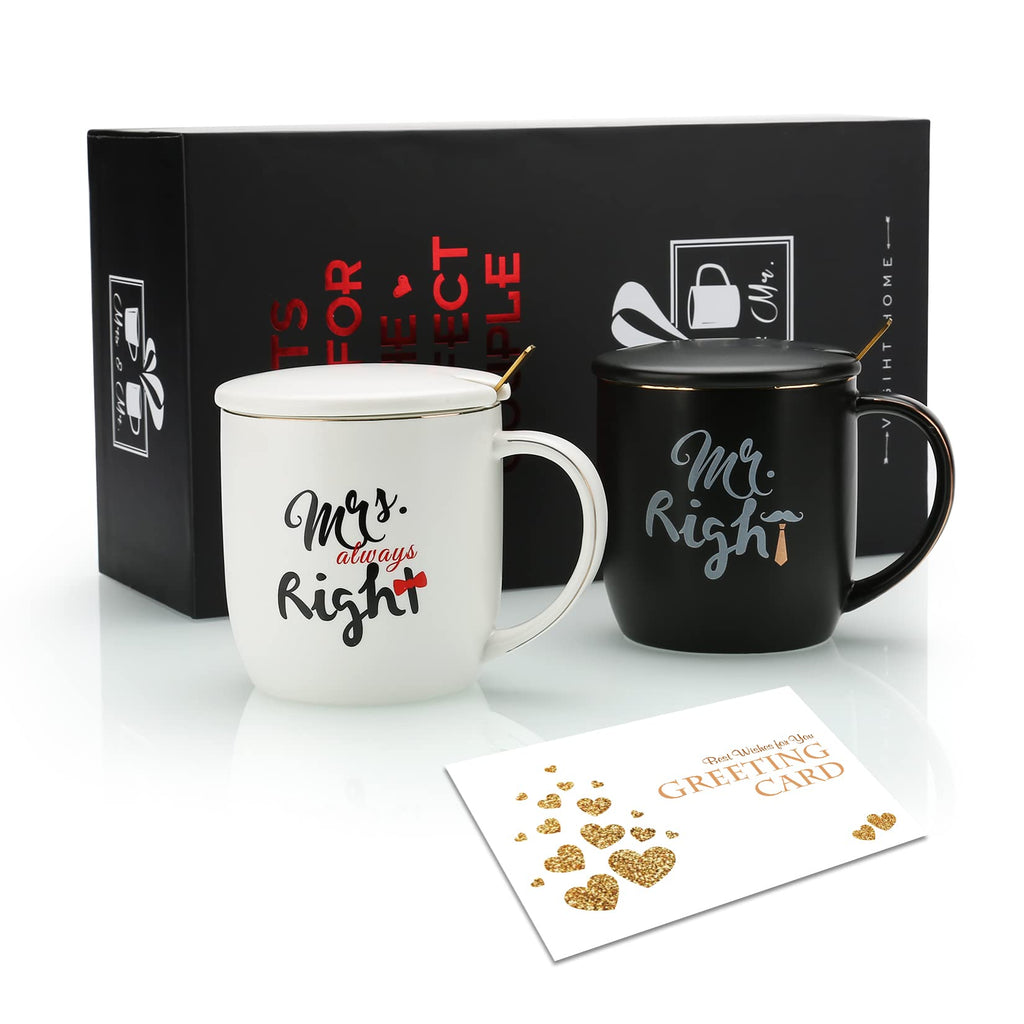 Wedding Gifts For Couples, Ceramic Mugs Set with Lids & Spoons