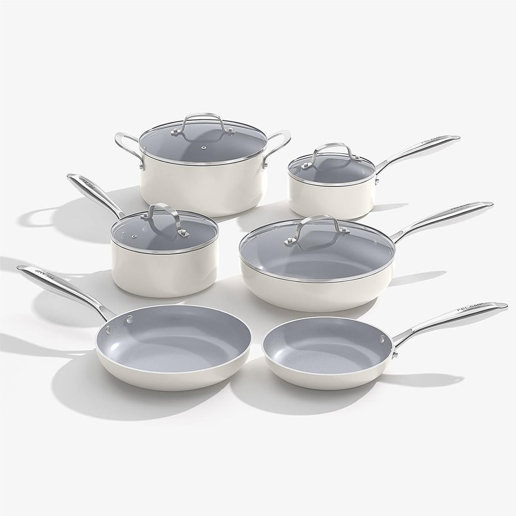 Ceramic Nonstick Cookware Set, 10-Piece Non Toxic Pots and Pans Set with Glass Lids, PFOA-Free Healthy Kitchen Ware