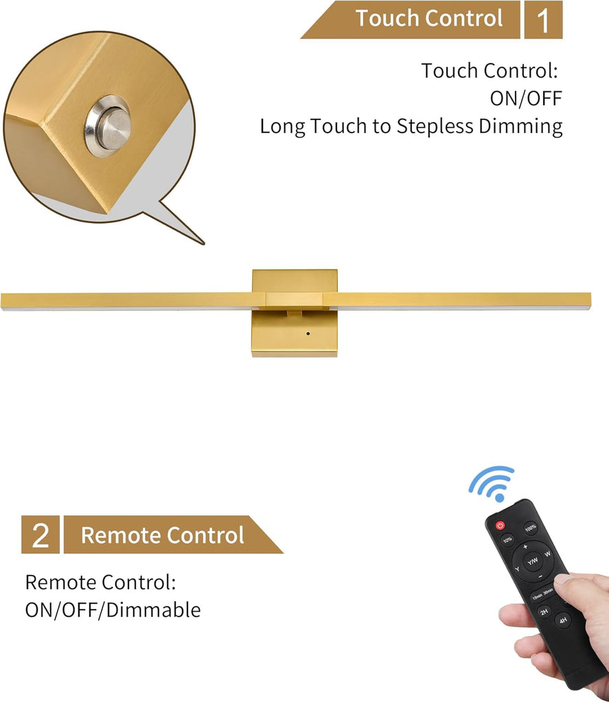 Gold Battery Operated Wall Sconces with Remote Control | 3000/4500/6000K Dimmable 8000mAh Wireless Rechargeable Wall