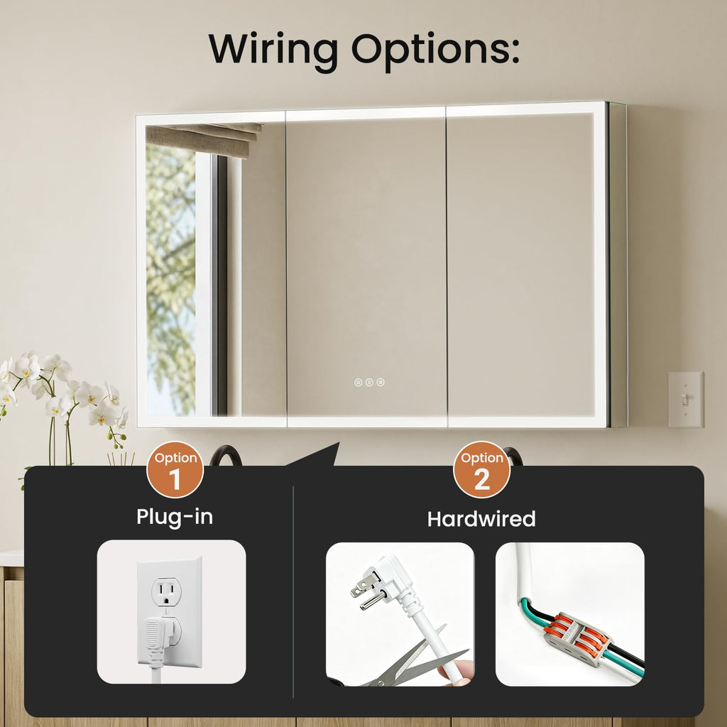 48x30 Black Medicine Cabinet with Lights, AL Alloy Frame, Plug-in/Hardwired, Recessed/Wall Mount, Anti-Fog, 3 Mirror