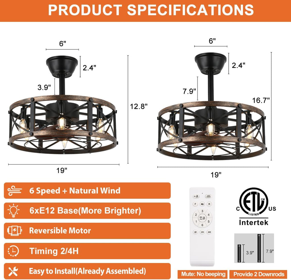 19" Farmhouse Fandelier Ceiling Fan with Light, Caged Bladeless Ceiling Fans with Lights and Remote, Modern Small Enclosed Ceiling Fans with Lights for Living Room, Bedroom, Black A101-B0CD3WXJ43