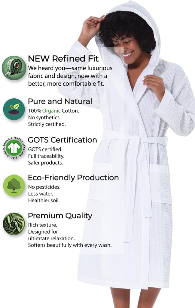 Women's Organic Cotton Waffle Kimono, Hooded Robe - GOTS Certified Lightweight Full-Length Spa Bathrobe with Piping